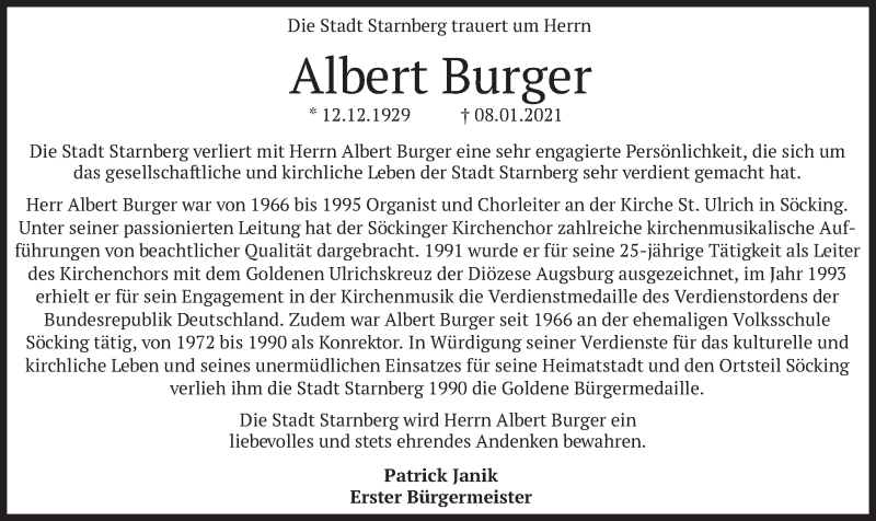  Traueranzeige für Albert Burger vom 14.01.2021 aus merkurtz