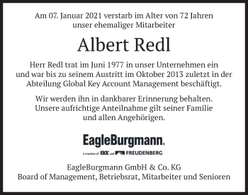 Traueranzeige von Albert Redl von merkurtz