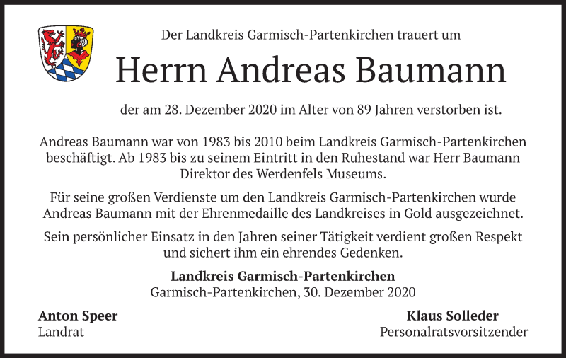  Traueranzeige für Andreas Baumann vom 02.01.2021 aus merkurtz