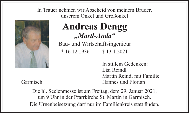  Traueranzeige für Andreas Dengg vom 27.01.2021 aus merkurtz