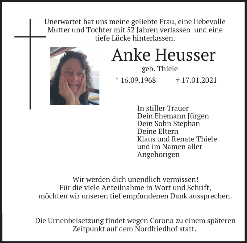  Traueranzeige für Anke Heusser vom 30.01.2021 aus merkurtz