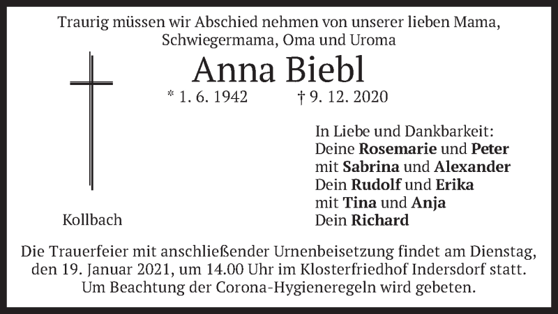  Traueranzeige für Anna Biebl vom 16.01.2021 aus merkurtz