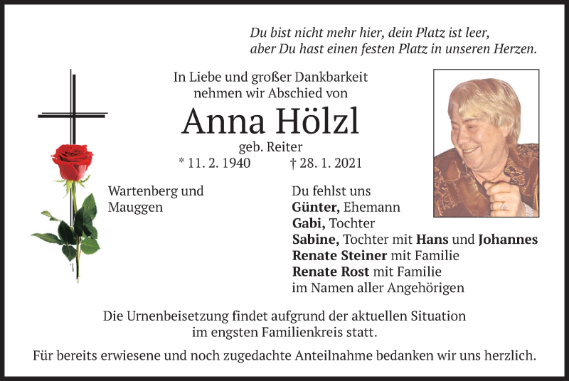  Traueranzeige für Anna Hölzl vom 30.01.2021 aus merkurtz