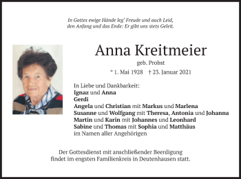 Traueranzeige von Anna Kreitmeier von merkurtz