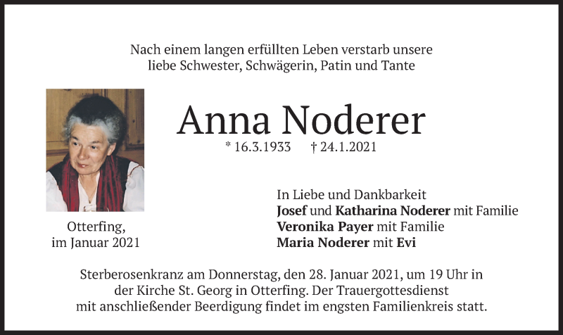 Traueranzeige für Anna Noderer vom 27.01.2021 aus merkurtz