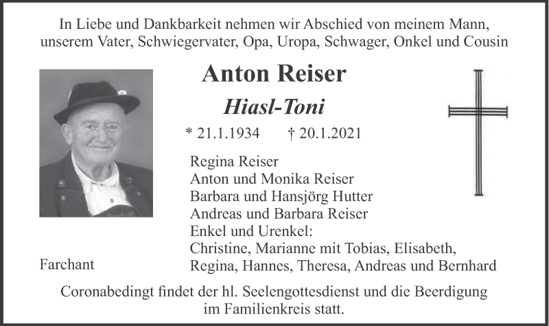  Traueranzeige für Anton Reiser vom 23.01.2021 aus merkurtz
