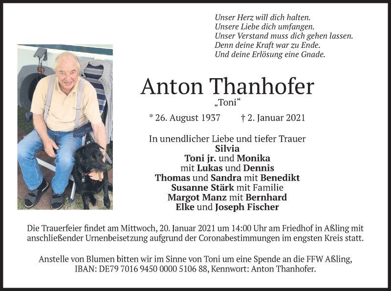  Traueranzeige für Anton Thanhofer vom 16.01.2021 aus merkurtz