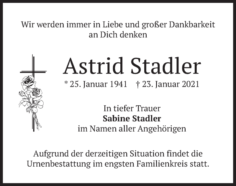  Traueranzeige für Astrid Stadler vom 30.01.2021 aus merkurtz