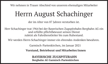 Traueranzeige von August Schachinger von merkurtz