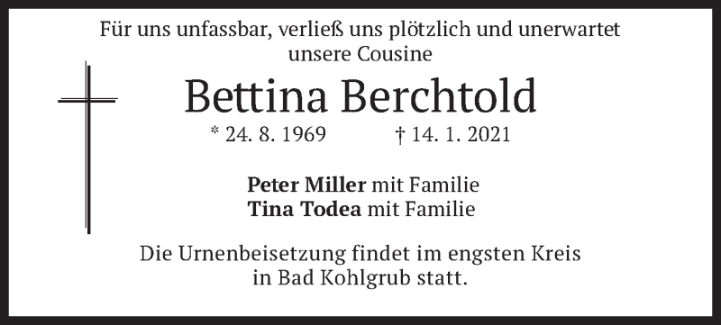  Traueranzeige für Bettina Berchtold vom 19.01.2021 aus merkurtz