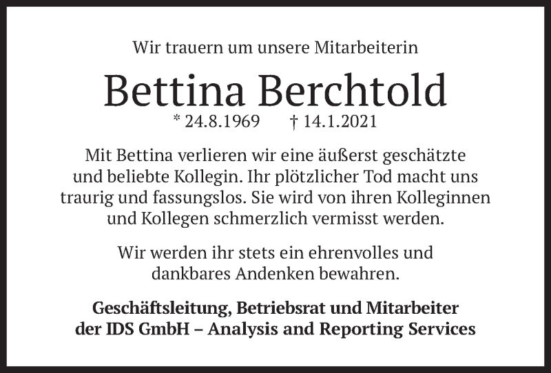  Traueranzeige für Bettina Berchtold vom 28.01.2021 aus merkurtz