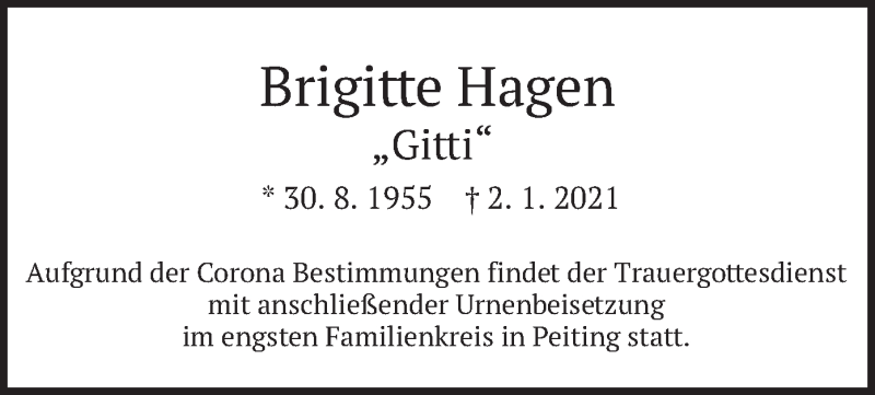  Traueranzeige für Brigitte Hagen vom 19.01.2021 aus merkurtz