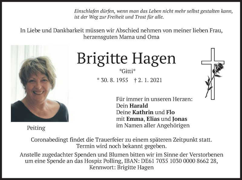  Traueranzeige für Brigitte Hagen vom 09.01.2021 aus merkurtz