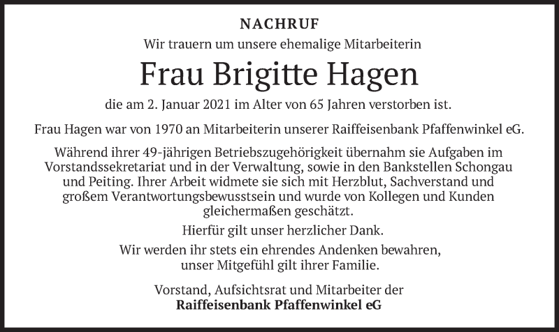  Traueranzeige für Brigitte Hagen vom 12.01.2021 aus merkurtz