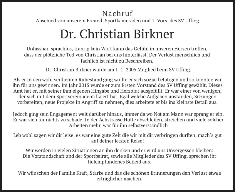  Traueranzeige für Christian Birkner vom 19.01.2021 aus merkurtz