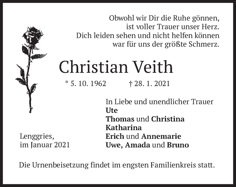  Traueranzeige für Christian Veith vom 30.01.2021 aus merkurtz
