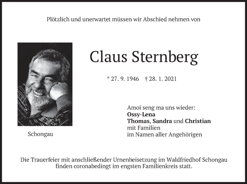  Traueranzeige für Claus Sternberg vom 30.01.2021 aus merkurtz