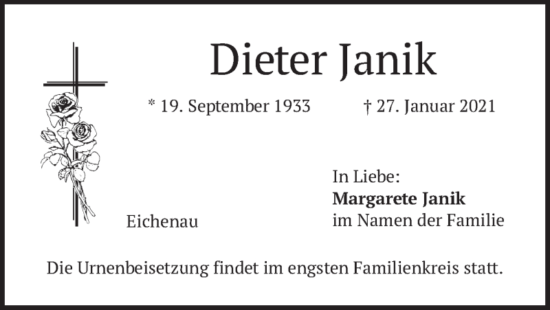  Traueranzeige für Dieter Janik vom 30.01.2021 aus merkurtz