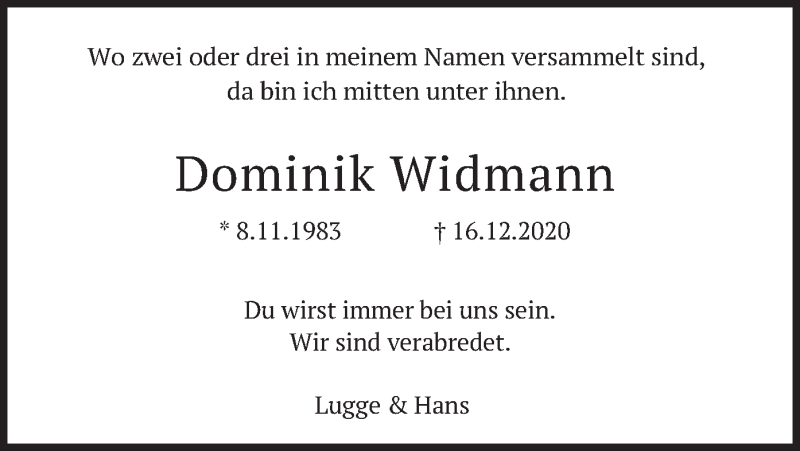  Traueranzeige für Dominik Widmann vom 13.01.2021 aus merkurtz
