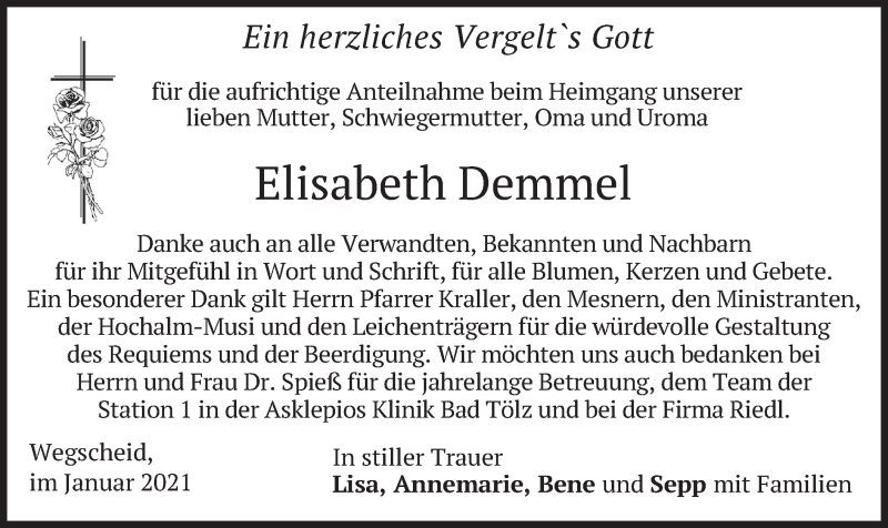  Traueranzeige für Elisabeth Demmel vom 02.01.2021 aus merkurtz