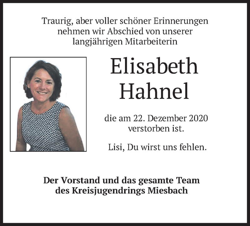  Traueranzeige für Elisabeth Hahnel vom 13.01.2021 aus merkurtz