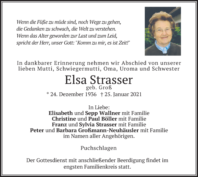  Traueranzeige für Elsa Strasser vom 27.01.2021 aus merkurtz