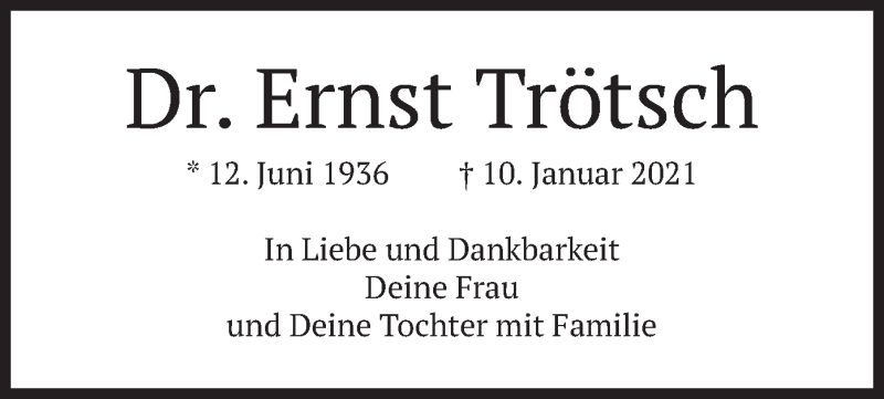 Traueranzeige für Ernst Trötsch vom 16.01.2021 aus merkurtz