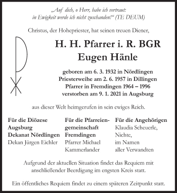 Traueranzeige von Eugen Hänle von merkurtz