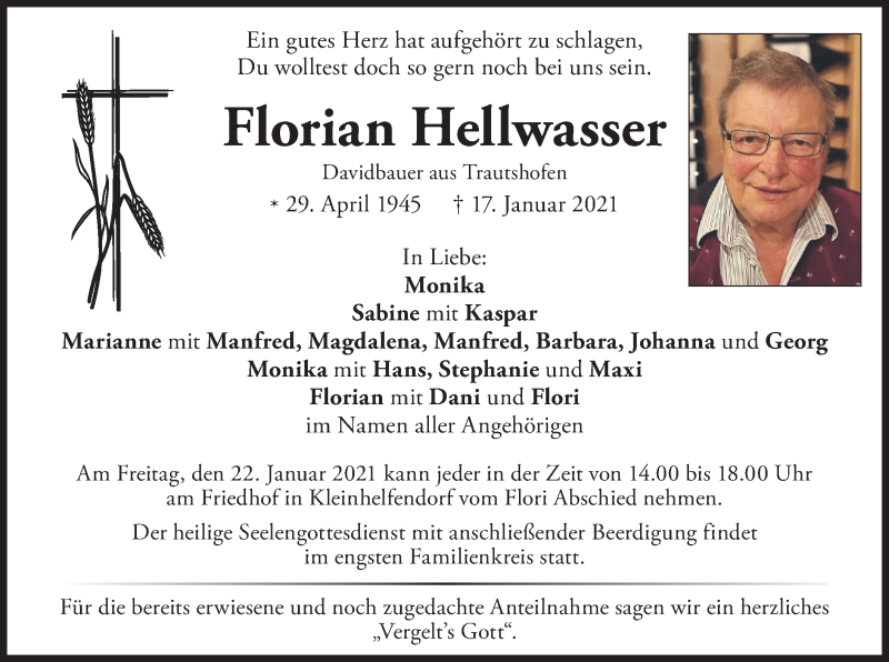  Traueranzeige für Florian Hellwasser vom 21.01.2021 aus merkurtz