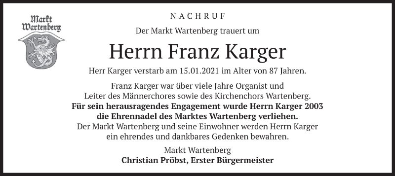  Traueranzeige für Franz Karger vom 23.01.2021 aus merkurtz