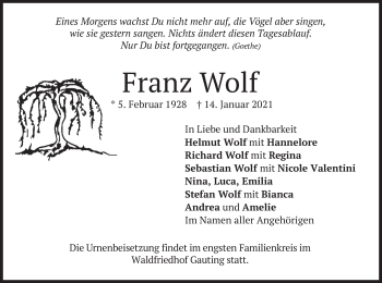 Traueranzeige von Franz Wolf