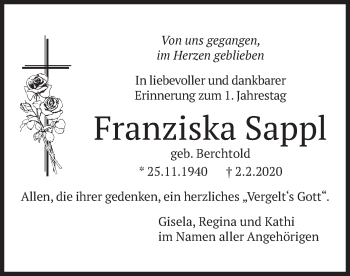 Traueranzeige von Franziska  Sappl von merkurtz