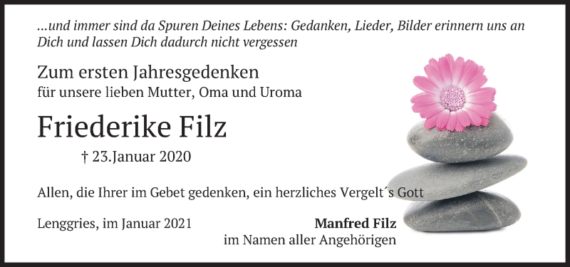  Traueranzeige für Friederike Filz vom 23.01.2021 aus merkurtz