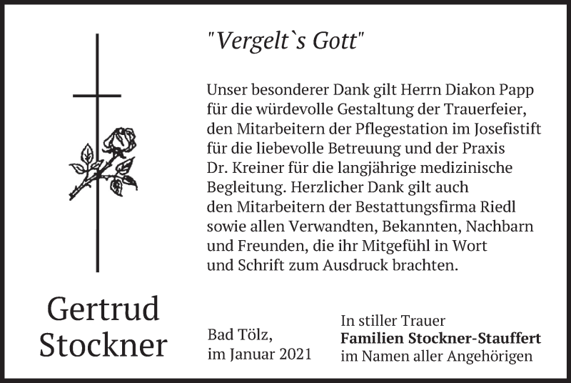  Traueranzeige für Gertrud Stockner vom 02.01.2021 aus merkurtz