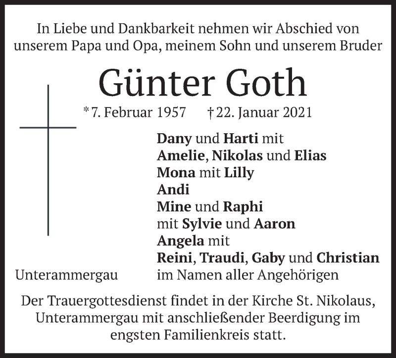  Traueranzeige für Günter Goth vom 25.01.2021 aus merkurtz