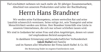 Traueranzeige von Hans Brandner von merkurtz