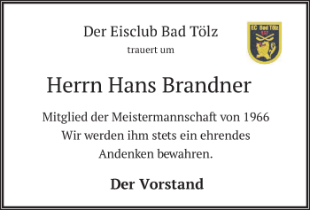 Traueranzeige von Hans Brandner von merkurtz