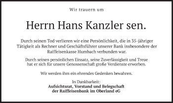 Traueranzeige von Hans Kanzler von merkurtz