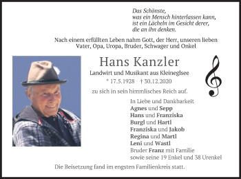 Traueranzeige von Hans Kanzler von merkurtz