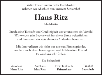 Traueranzeige von Hans Ritz