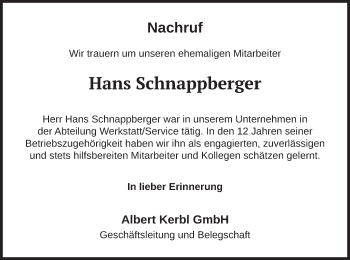 Traueranzeige von Hans Schnappberger von merkurtz
