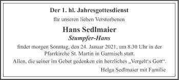 Traueranzeige von Hans Sedlmaier