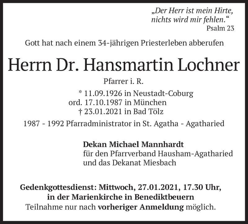  Traueranzeige für Hansmartin Lochner vom 27.01.2021 aus merkurtz