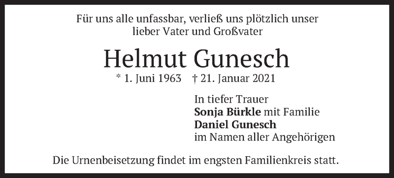  Traueranzeige für Helmut Gunesch vom 23.01.2021 aus merkurtz