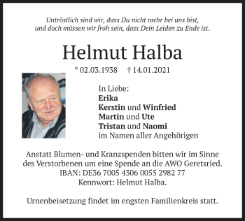 Traueranzeige von Helmut Halba von merkurtz