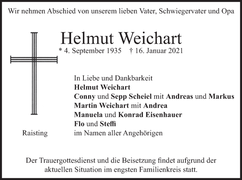  Traueranzeige für Helmut Weichart vom 19.01.2021 aus merkurtz