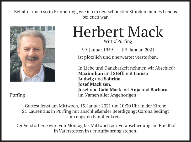  Traueranzeige für Herbert Mack vom 09.01.2021 aus merkurtz