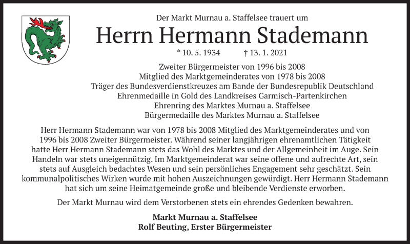  Traueranzeige für Hermann Stademann vom 18.01.2021 aus merkurtz