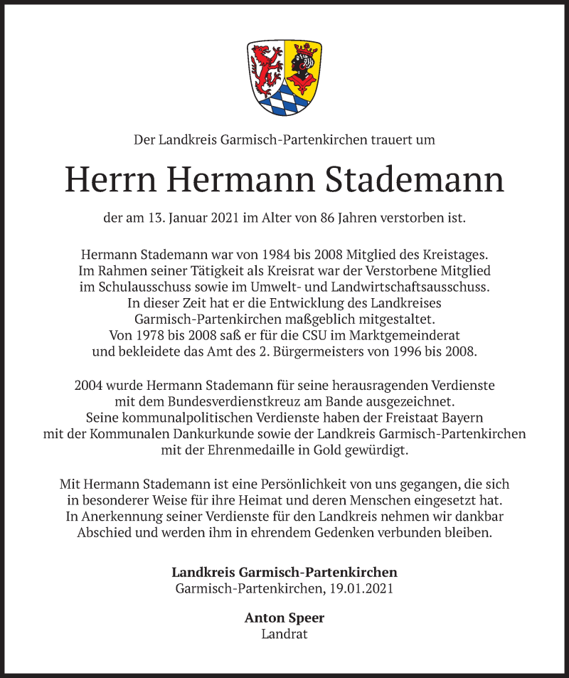  Traueranzeige für Hermann Stademann vom 19.01.2021 aus merkurtz