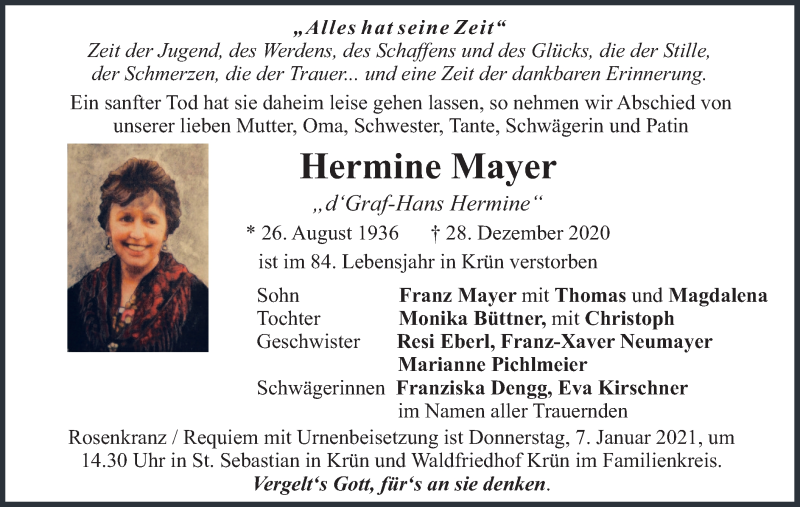  Traueranzeige für Hermine Mayer vom 05.01.2021 aus merkurtz